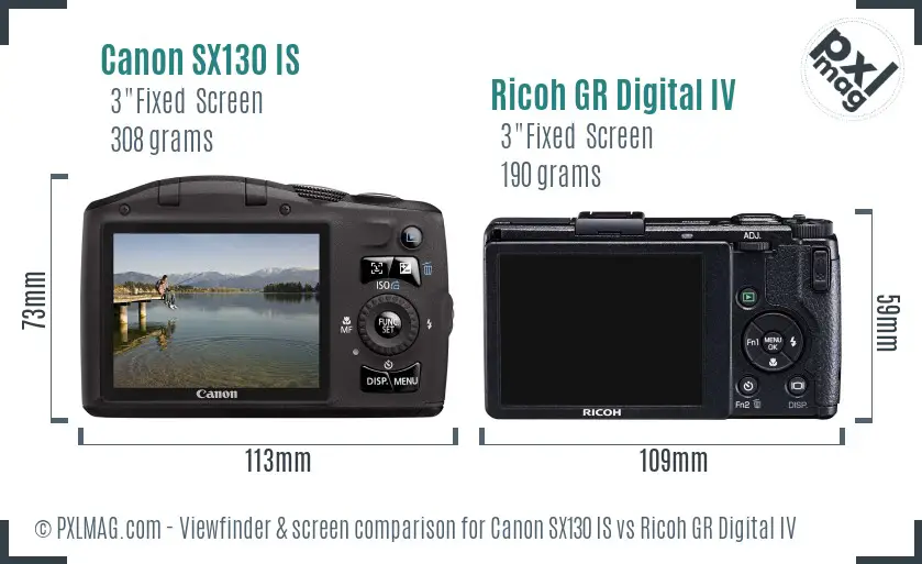 Canon SX130 IS vs Ricoh GR Digital IV Screen and Viewfinder comparison