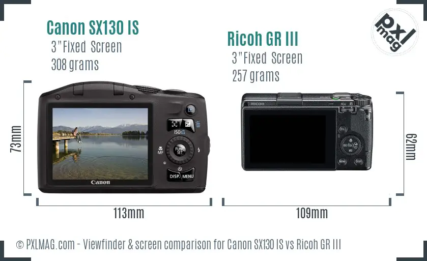 Canon SX130 IS vs Ricoh GR III Screen and Viewfinder comparison