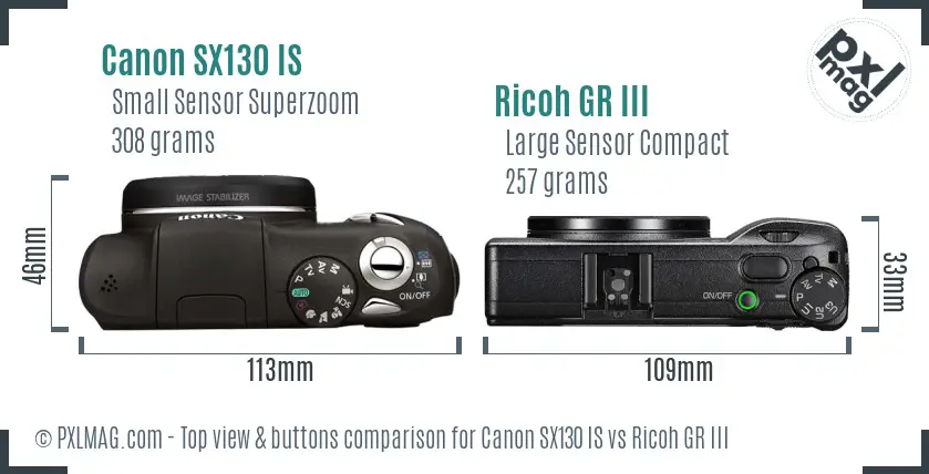 Canon SX130 IS vs Ricoh GR III top view buttons comparison