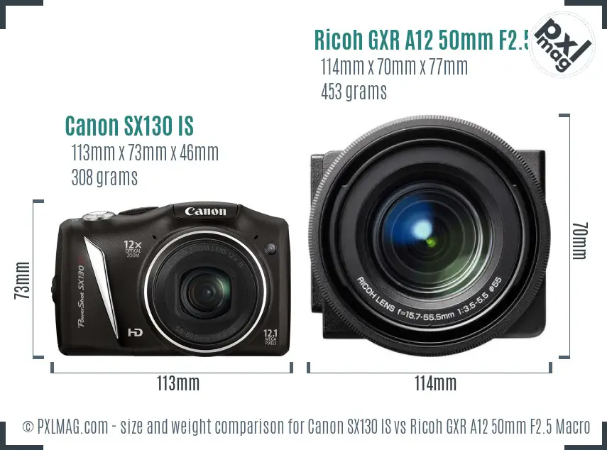 Canon SX130 IS vs Ricoh GXR A12 50mm F2.5 Macro size comparison