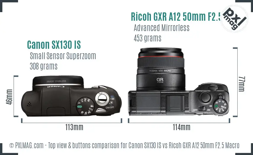 Canon SX130 IS vs Ricoh GXR A12 50mm F2.5 Macro top view buttons comparison