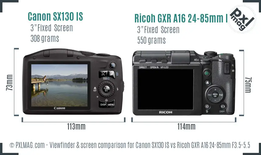 Canon SX130 IS vs Ricoh GXR A16 24-85mm F3.5-5.5 Screen and Viewfinder comparison