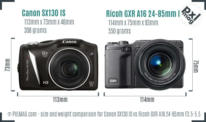 Canon SX130 IS vs Ricoh GXR A16 24-85mm F3.5-5.5 size comparison Canon SX130 IS vs Ricoh GXR A16 24-85mm F3.5-5.5 size comparison