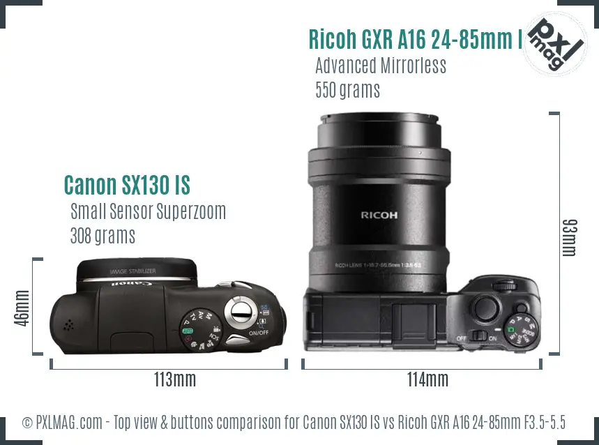 Canon SX130 IS vs Ricoh GXR A16 24-85mm F3.5-5.5 top view buttons comparison