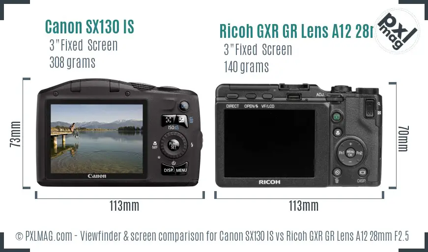 Canon SX130 IS vs Ricoh GXR GR Lens A12 28mm F2.5 Screen and Viewfinder comparison