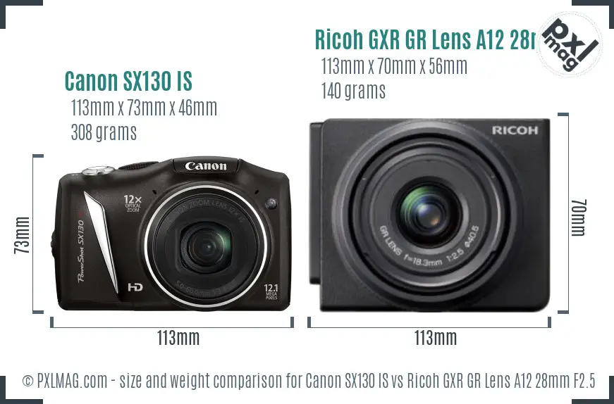 Canon SX130 IS vs Ricoh GXR GR Lens A12 28mm F2.5 size comparison