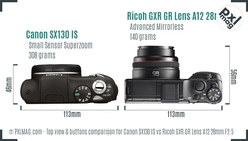 Canon SX130 IS vs Ricoh GXR GR Lens A12 28mm F2.5 top view buttons comparison