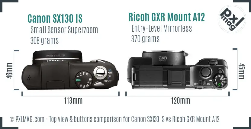 Canon SX130 IS vs Ricoh GXR Mount A12 top view buttons comparison