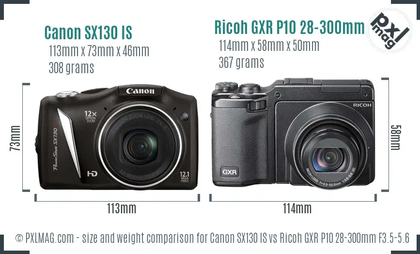 Canon SX130 IS vs Ricoh GXR P10 28-300mm F3.5-5.6 VC size comparison