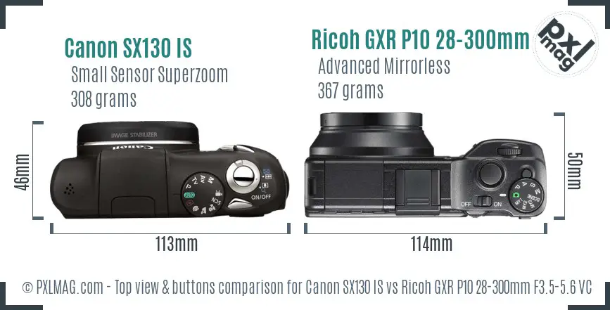 Canon SX130 IS vs Ricoh GXR P10 28-300mm F3.5-5.6 VC top view buttons comparison