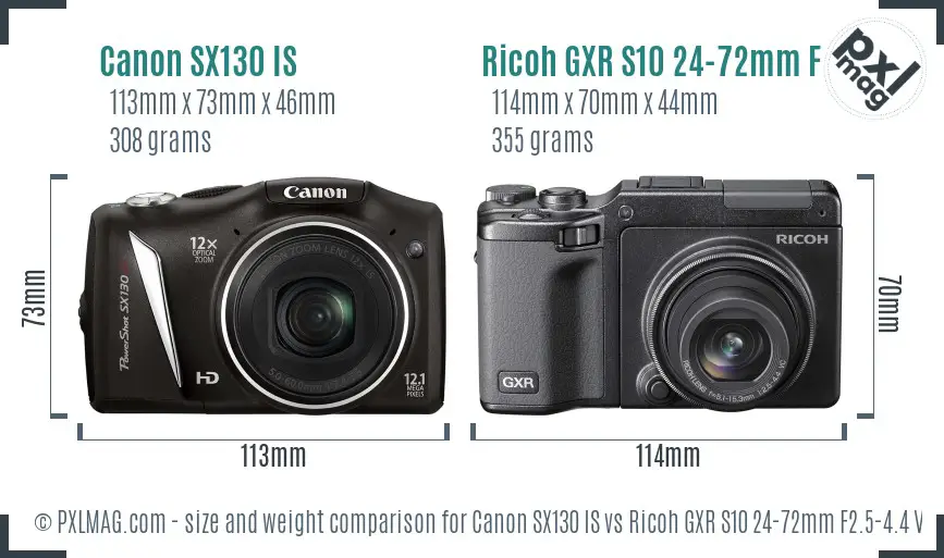 Canon SX130 IS vs Ricoh GXR S10 24-72mm F2.5-4.4 VC size comparison Canon SX130 IS vs Ricoh GXR S10 24-72mm F2.5-4.4 VC size comparison