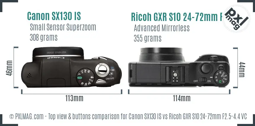 Canon SX130 IS vs Ricoh GXR S10 24-72mm F2.5-4.4 VC top view buttons comparison Canon SX130 IS vs Ricoh GXR S10 24-72mm F2.5-4.4 VC top view buttons comparison