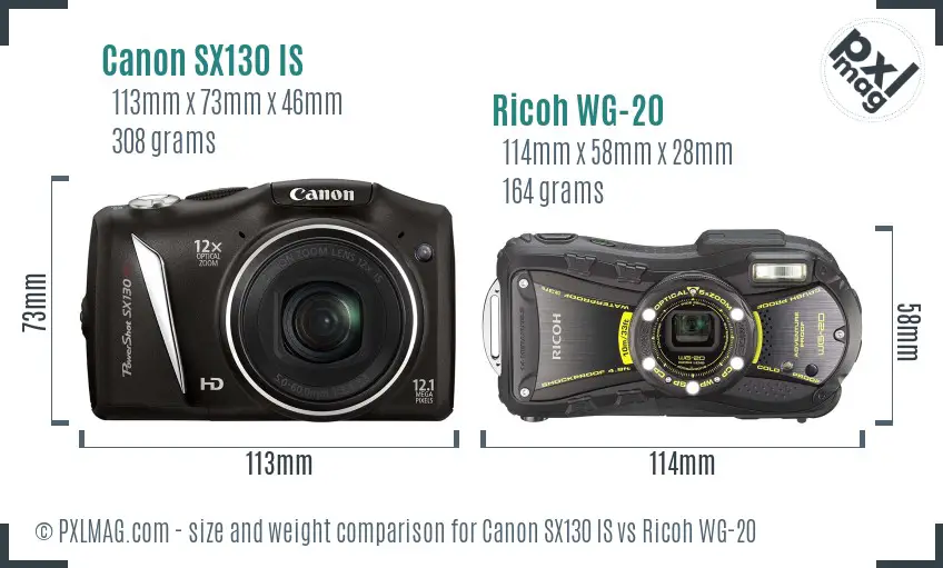 Canon SX130 IS vs Ricoh WG-20 size comparison