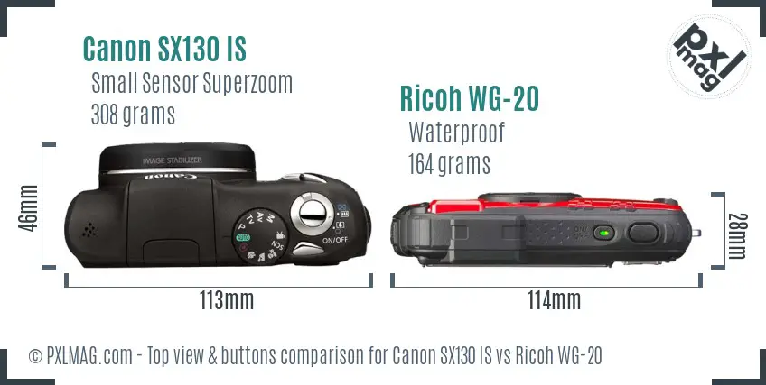 Canon SX130 IS vs Ricoh WG-20 top view buttons comparison