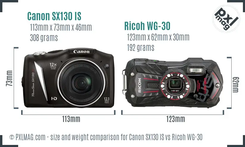 Canon SX130 IS vs Ricoh WG-30 size comparison