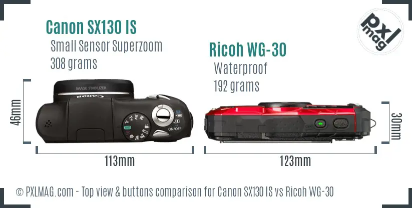 Canon SX130 IS vs Ricoh WG-30 top view buttons comparison