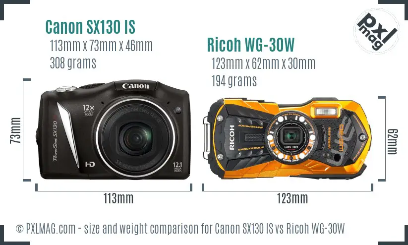 Canon SX130 IS vs Ricoh WG-30W size comparison