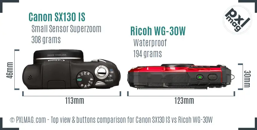 Canon SX130 IS vs Ricoh WG-30W top view buttons comparison