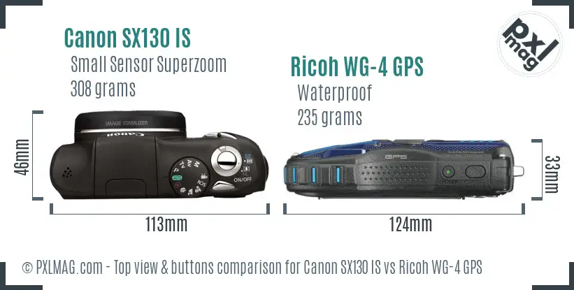 Canon SX130 IS vs Ricoh WG-4 GPS top view buttons comparison