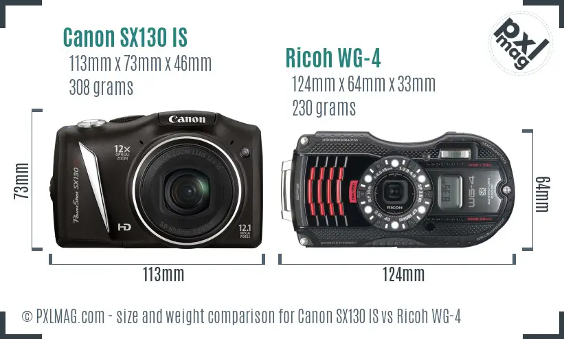 Canon SX130 IS vs Ricoh WG-4 size comparison