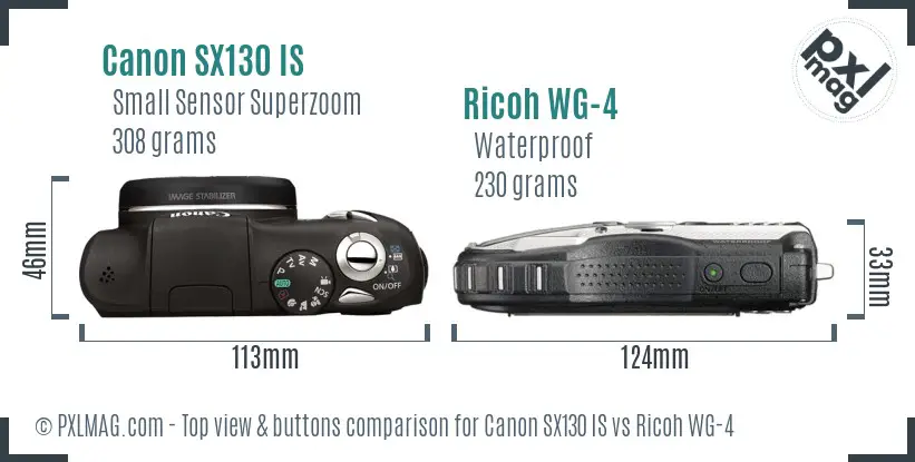 Canon SX130 IS vs Ricoh WG-4 top view buttons comparison