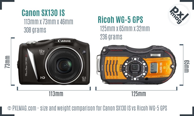 Canon SX130 IS vs Ricoh WG-5 GPS size comparison