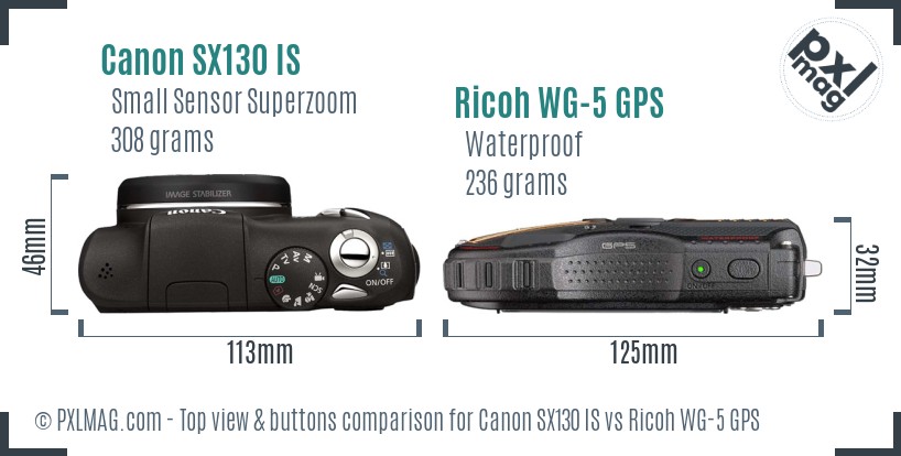 Canon SX130 IS vs Ricoh WG-5 GPS top view buttons comparison