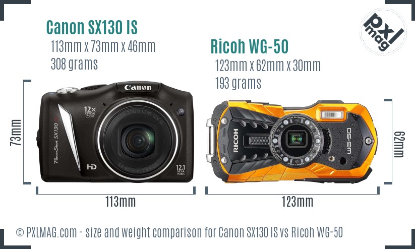 Canon SX130 IS vs Ricoh WG-50 size comparison