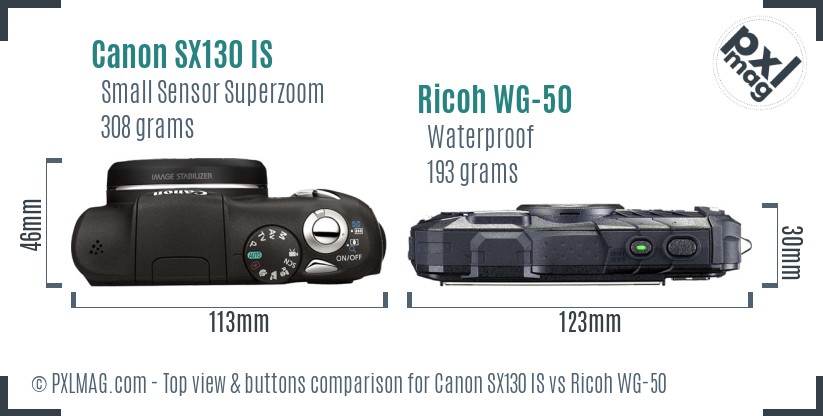 Canon SX130 IS vs Ricoh WG-50 top view buttons comparison