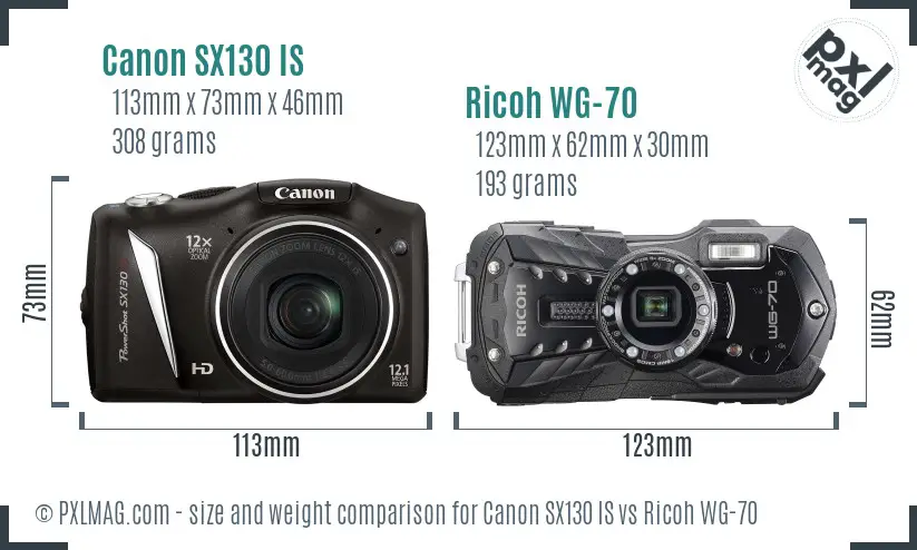 Canon SX130 IS vs Ricoh WG-70 size comparison