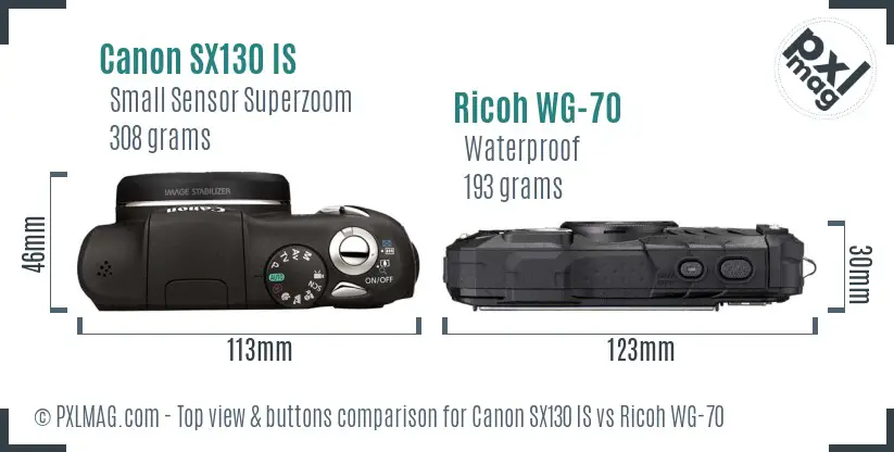 Canon SX130 IS vs Ricoh WG-70 top view buttons comparison