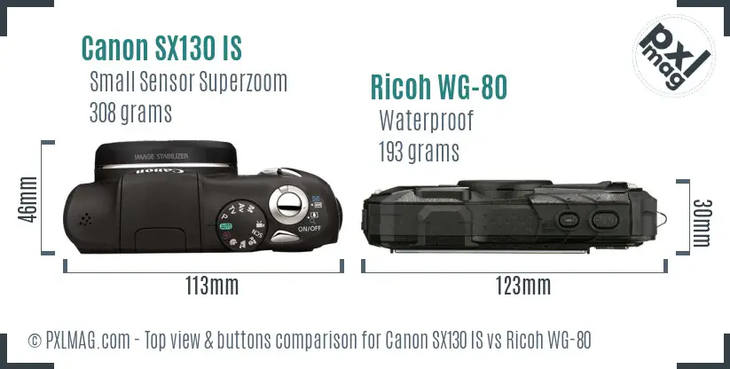 Canon SX130 IS vs Ricoh WG-80 top view buttons comparison Canon SX130 IS vs Ricoh WG-80 top view buttons comparison