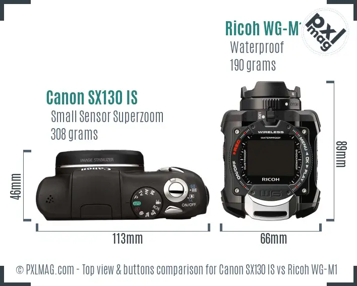 Canon SX130 IS vs Ricoh WG-M1 top view buttons comparison Canon SX130 IS vs Ricoh WG-M1 top view buttons comparison
