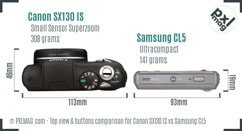 Canon SX130 IS vs Samsung CL5 top view buttons comparison