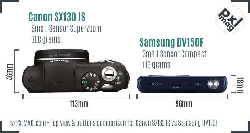 Canon SX130 IS vs Samsung DV150F top view buttons comparison