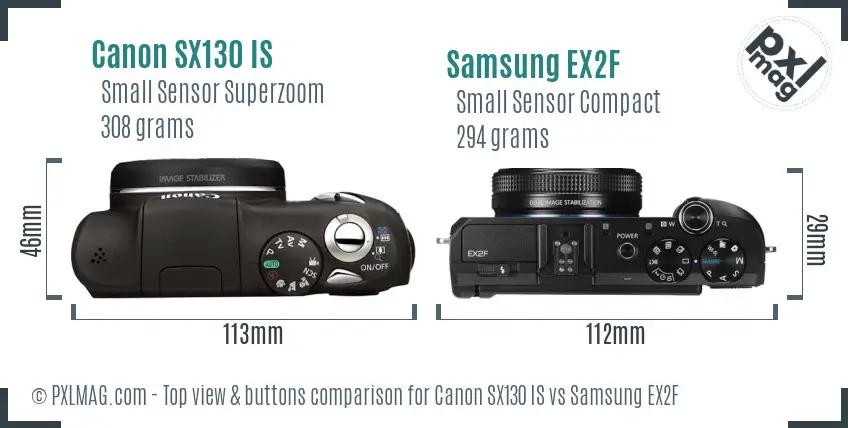 Canon SX130 IS vs Samsung EX2F top view buttons comparison