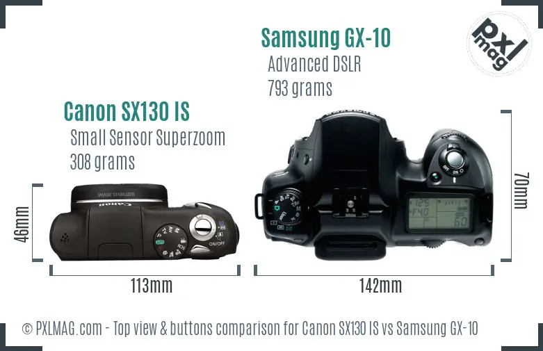 Canon SX130 IS vs Samsung GX-10 top view buttons comparison