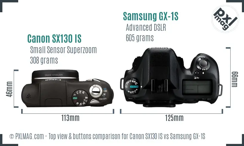 Canon SX130 IS vs Samsung GX-1S top view buttons comparison Canon SX130 IS vs Samsung GX-1S top view buttons comparison