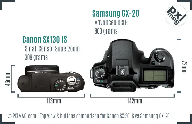 Canon SX130 IS vs Samsung GX-20 top view buttons comparison