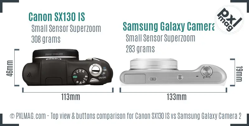 Canon SX130 IS vs Samsung Galaxy Camera 2 top view buttons comparison