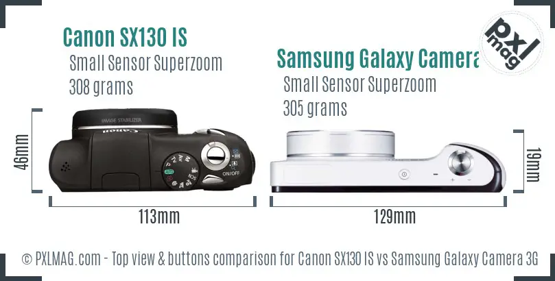 Canon SX130 IS vs Samsung Galaxy Camera 3G top view buttons comparison