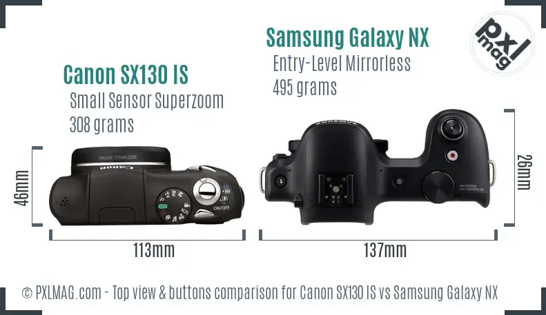 Canon SX130 IS vs Samsung Galaxy NX top view buttons comparison Canon SX130 IS vs Samsung Galaxy NX top view buttons comparison