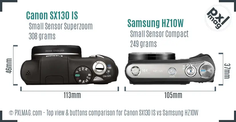 Canon SX130 IS vs Samsung HZ10W top view buttons comparison
