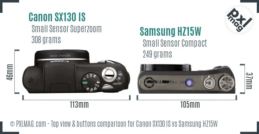 Canon SX130 IS vs Samsung HZ15W top view buttons comparison Canon SX130 IS vs Samsung HZ15W top view buttons comparison