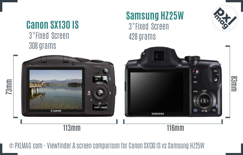 Canon SX130 IS vs Samsung HZ25W Screen and Viewfinder comparison