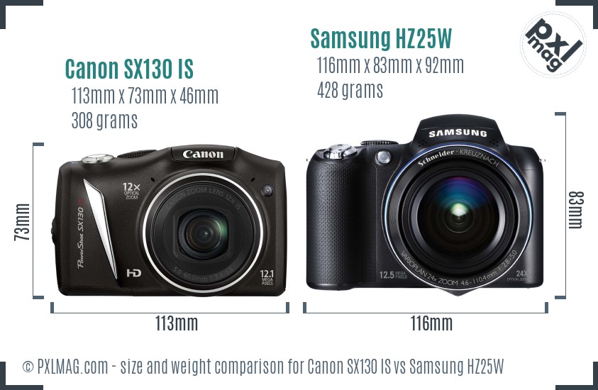 Canon SX130 IS vs Samsung HZ25W size comparison