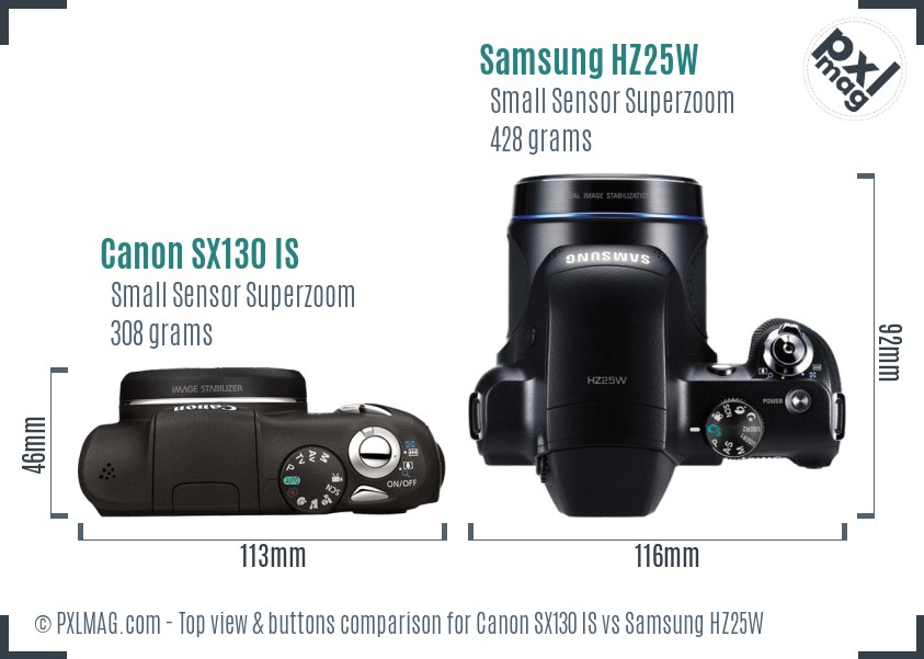 Canon SX130 IS vs Samsung HZ25W top view buttons comparison