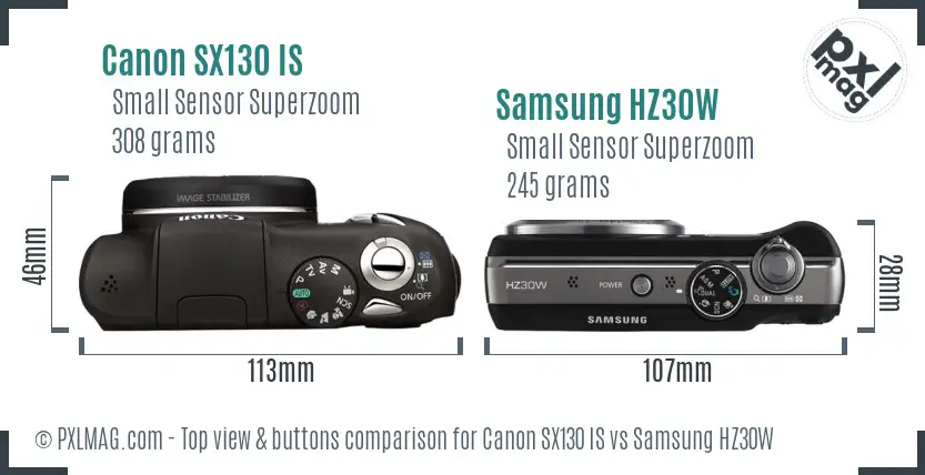 Canon SX130 IS vs Samsung HZ30W top view buttons comparison