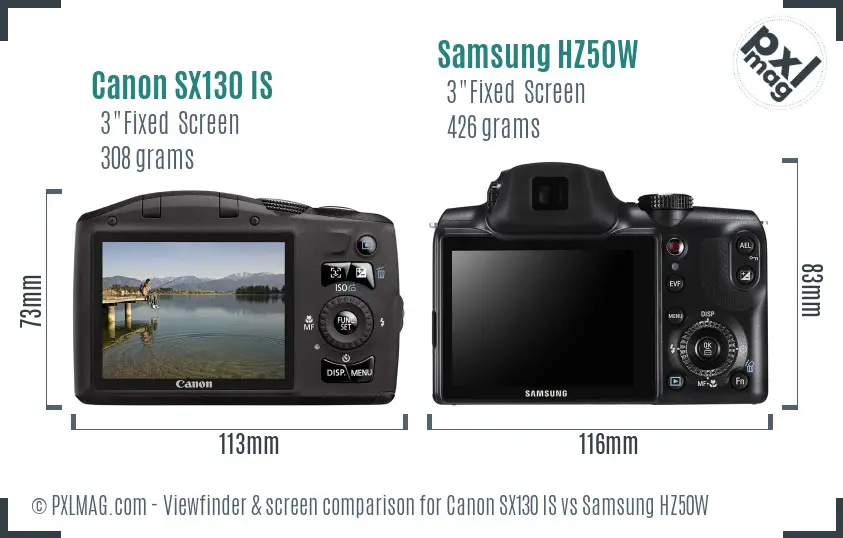 Canon SX130 IS vs Samsung HZ50W Screen and Viewfinder comparison