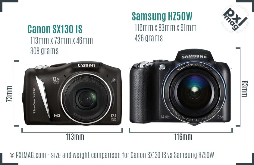 Canon SX130 IS vs Samsung HZ50W size comparison